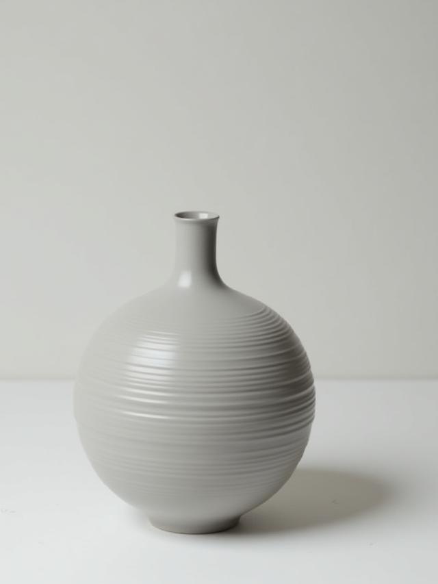 Bauchige graue Keramikvase mit feinen Rillen