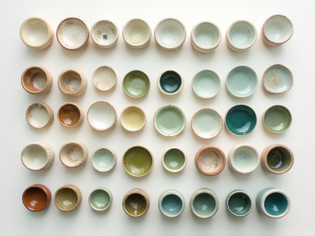 Sortiment verschiedener Glasurfarben und Texturen auf Keramikmustern