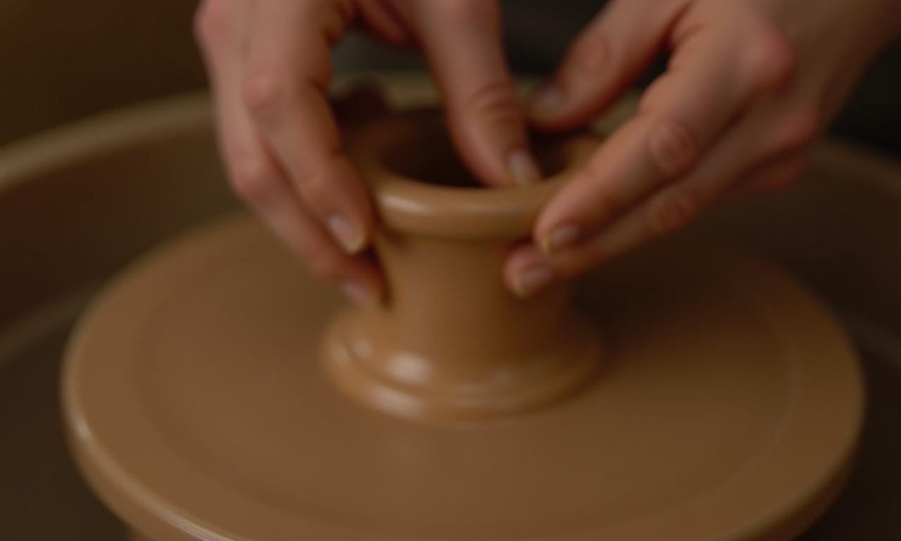 Hände formen Ton auf einer Töpferscheibe
