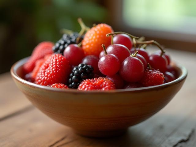 Handgefertigte Keramikschale mit lebensmittelechter Glasur, gefüllt mit frischen Früchten
