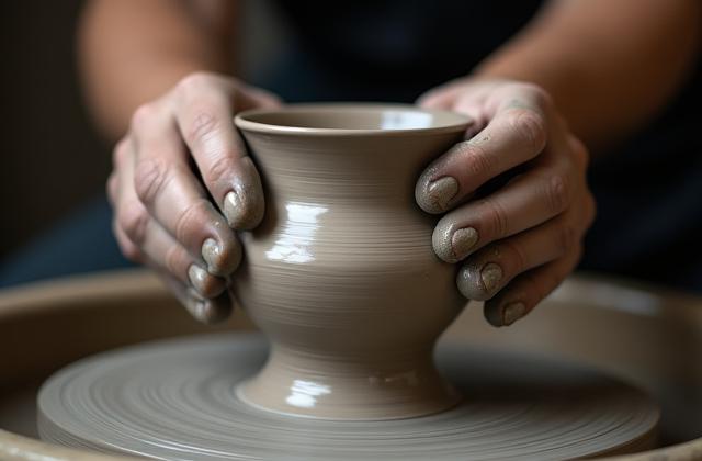 Nahaufnahme beim Drehen von Ton auf einer Töpferscheibe