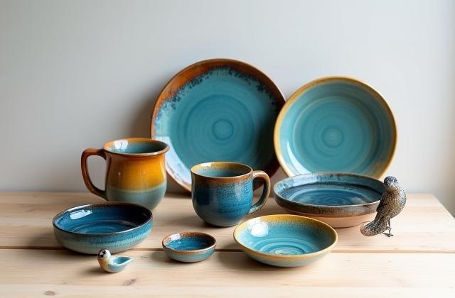 Fertige, glasierte Keramikstücke, die aus einem Ofen kommen oder präsentiert werden